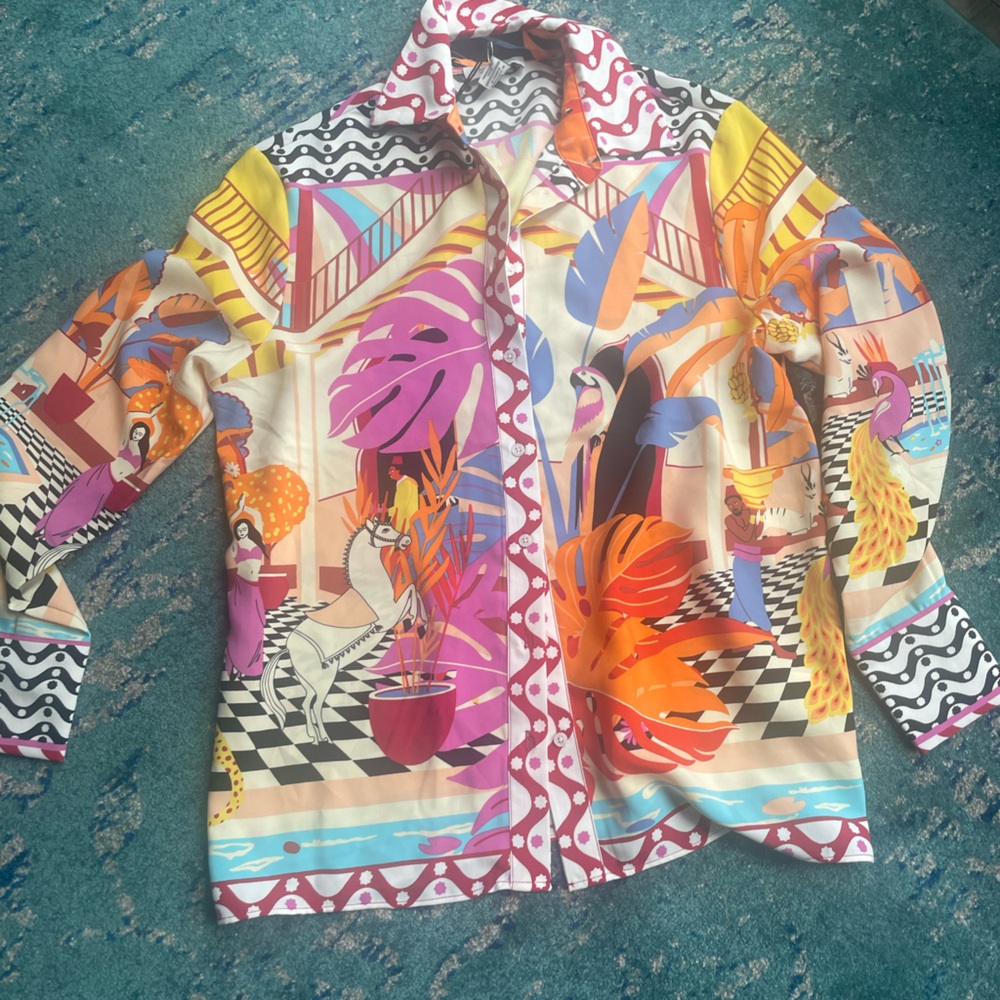 Rachel Zoe Multicolor Tropical Graphic Button-Down Shirt